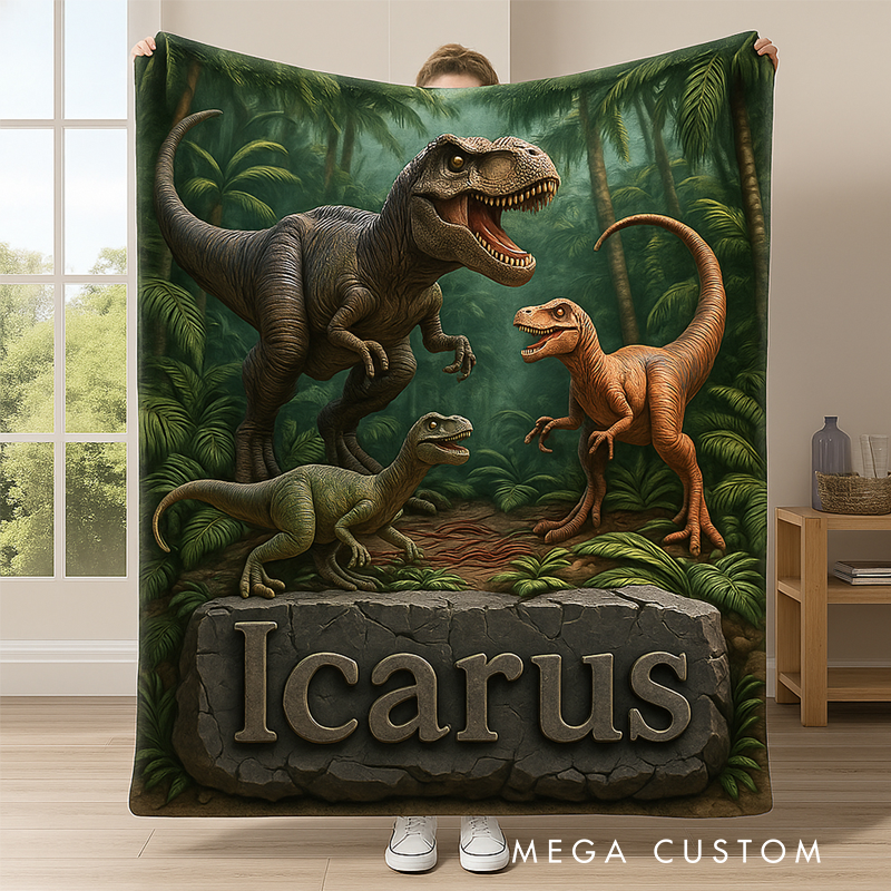 Personalized Dinosaur Themed Blanket with Name Home Decor Birthday Gift for Boys Dinosaur Lovers