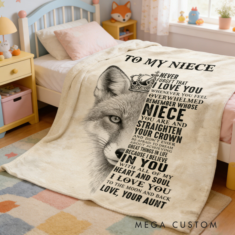 Personalized To My Niece Fox Pattern Custom Quote Warm Cozy Throw Gift Blanket Blanket