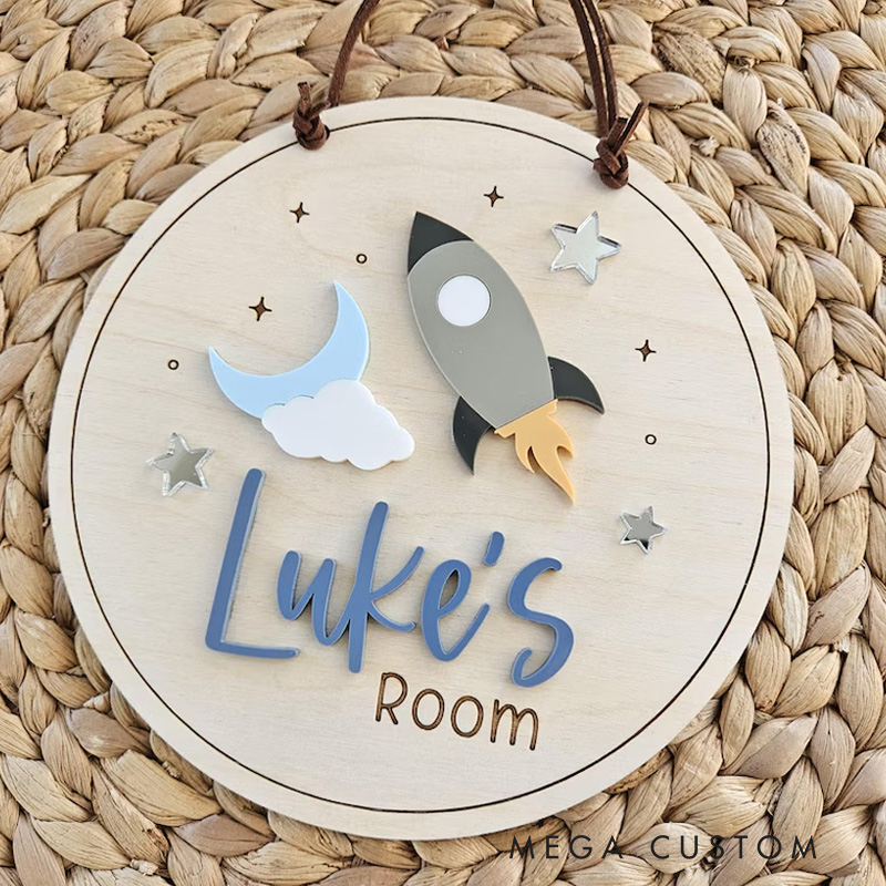 Personalized Space Theme Cute Rocket Custom Name Wall Decor For Kids Room Childs Bedroom Door Sign