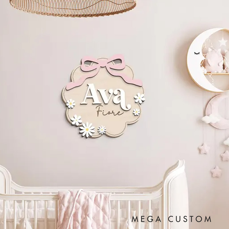 Personalized Elegant Floral Bow Pattern Custom Engraved Newborn Name Plaque Wooden Baby Announcement Sign