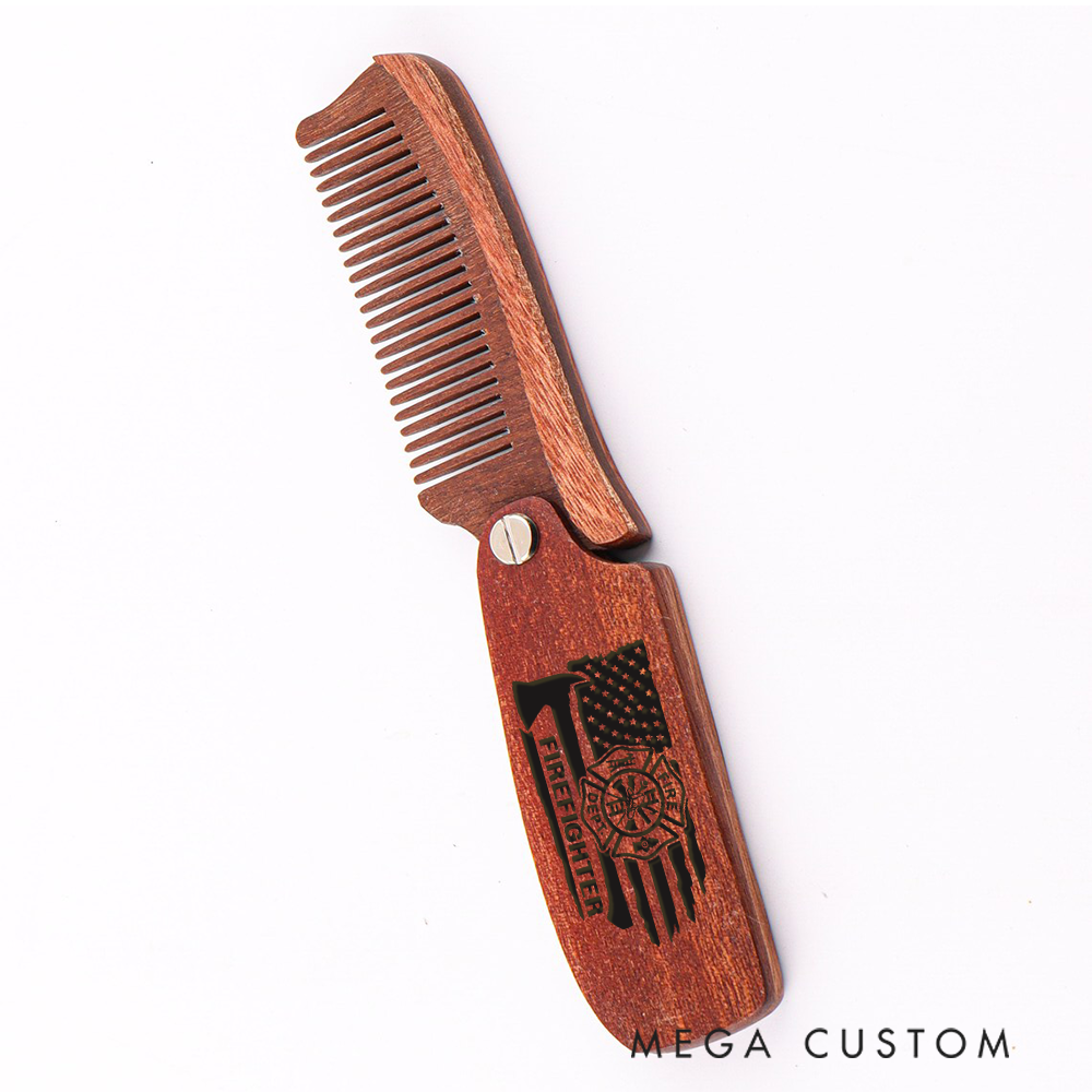 Personalized Wooden Beard Comb Firefighter Emblem with American Flag Design