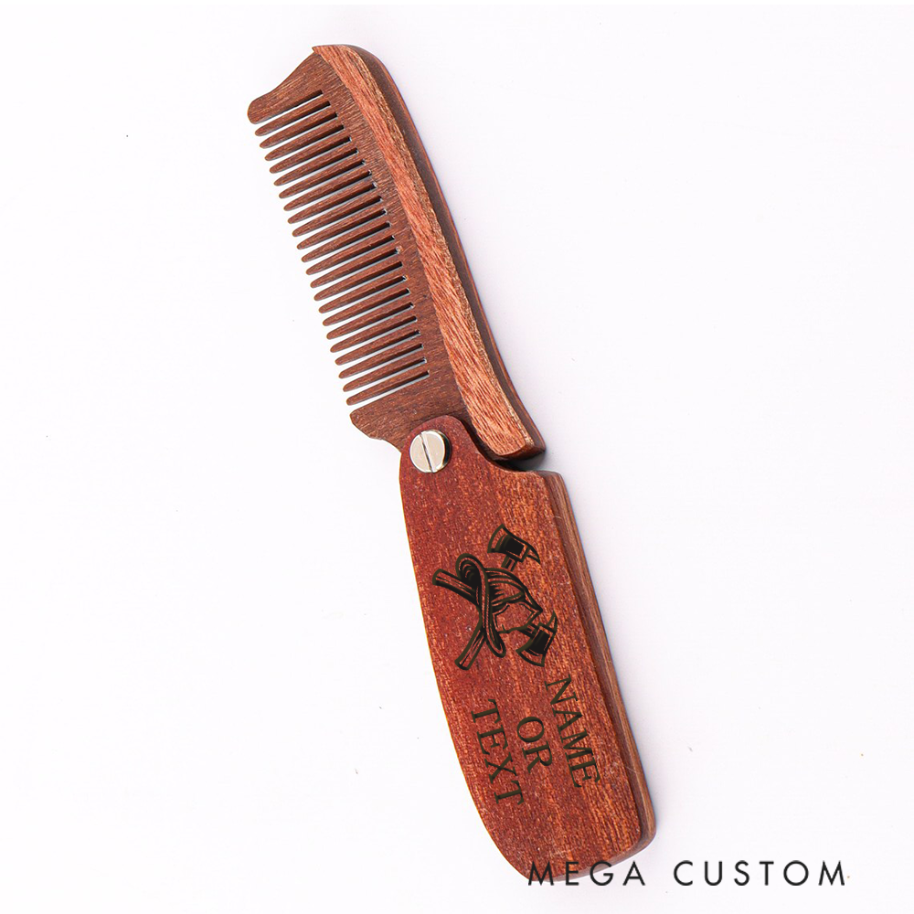 Personalized Wooden Beard Comb Custom Firefighter Ax Design with Name Text
