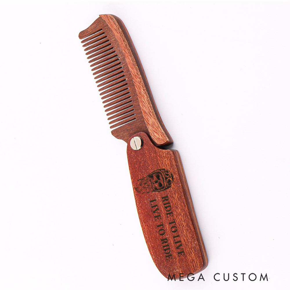 Personalized Wooden Beard Comb Custom Text Biker Design