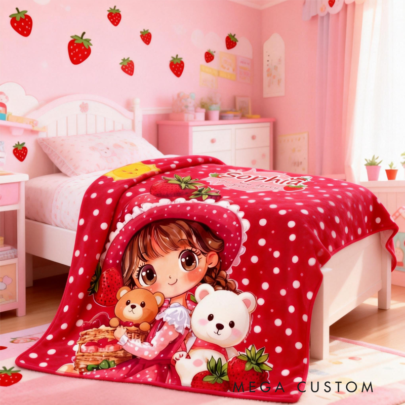 Personalized Strawberry Themed Blanket with Name Home Decor Birthday Gift for Kids 