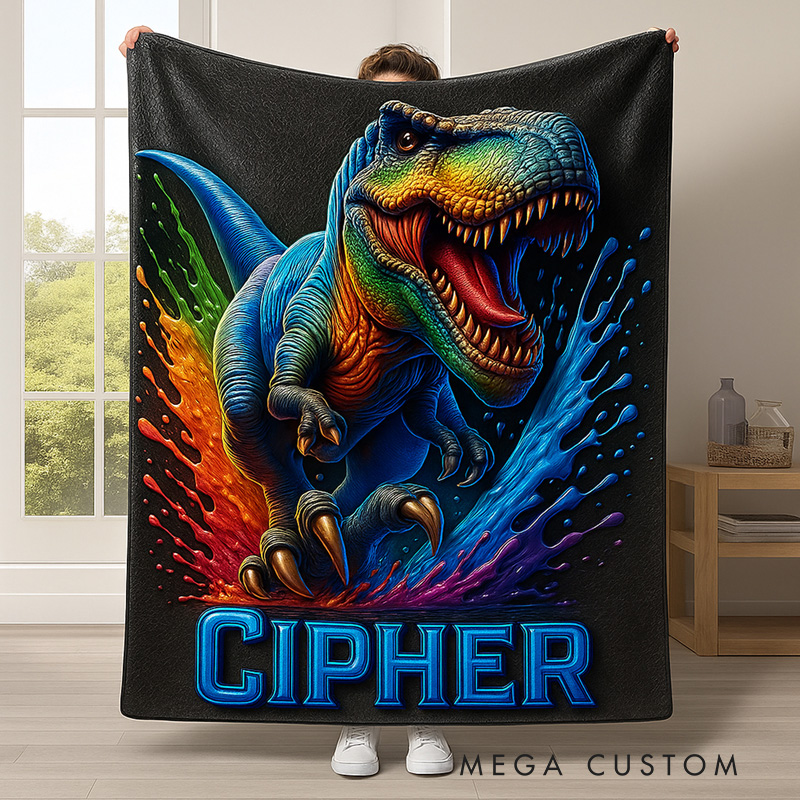 Personalized Ferocious Dinosaur Theme Custom Name Green Jungle Adventure Kids Cozy Blanket Blanket