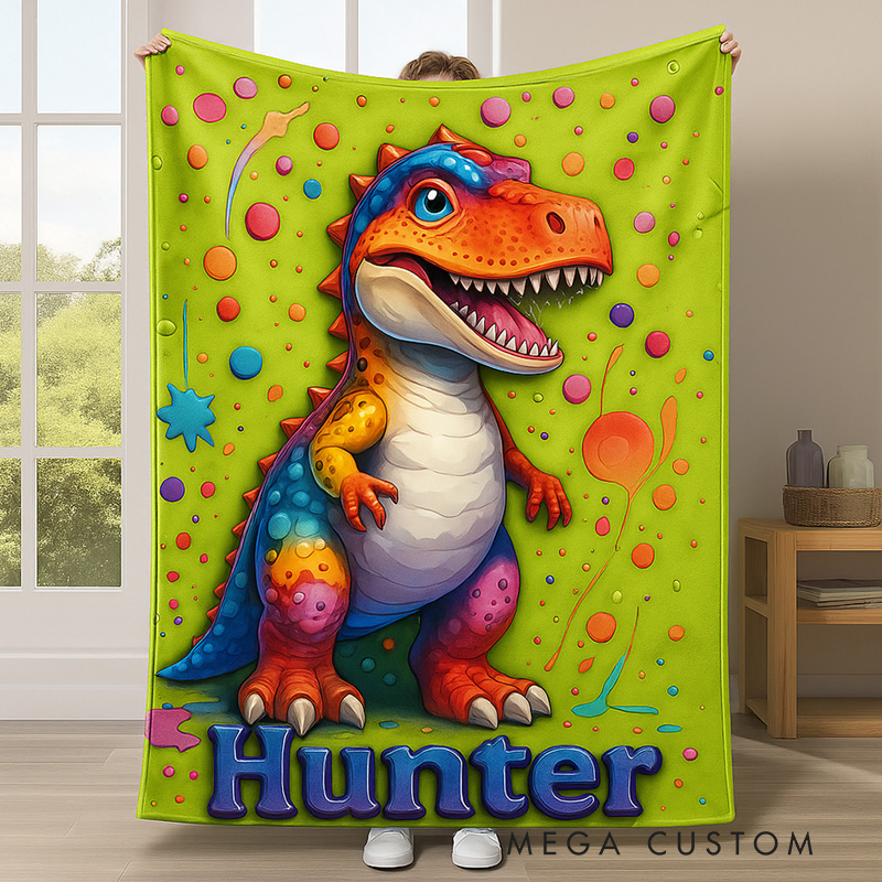 Personalized Vibrant Dino Artwork Custom Name Warm Flannel Bedding Gift For Children Blanket Blanket