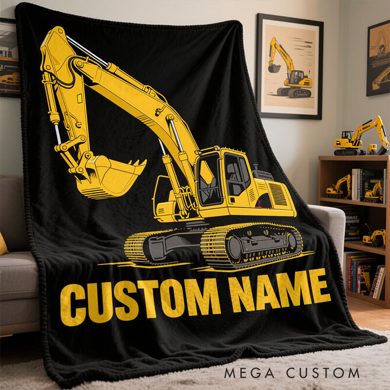 Personalized Excavator Theme Custom Name Construction Vehicle Kids Cozy Bedroom Decor Blanket Blanket