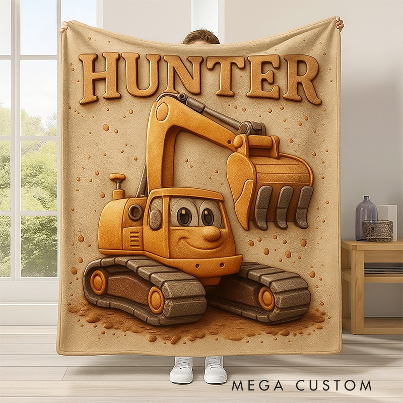 Personalized Cute Bulldozer Theme Custom Name Fun Construction Vehicle Kids Cozy Blanket Blanket