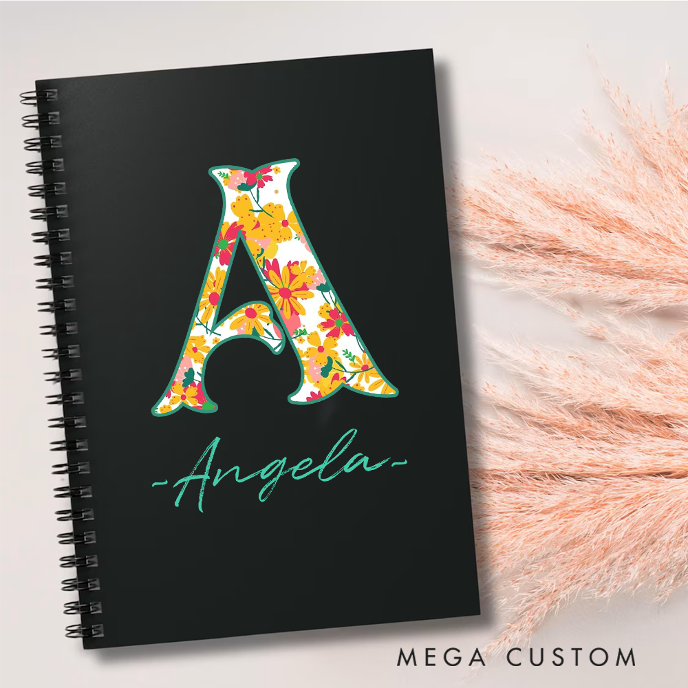 Personalized A5 Spiral Notebook Beautiful Floral Initial Design Gift with Custom Name for Everyday Use