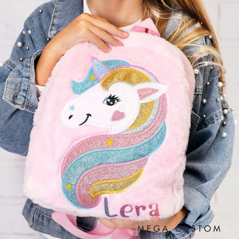 Personalized Cute Dream Horse Theme Custom Name Soft Plush Pink Girls School Travel Backpack