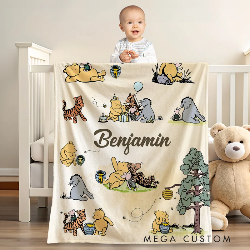 Personalized Classic Winnie the Pooh Illustration Soft Throw Blanket with Name Nusery Decor Birthday Baby Shower Gift for Newborns Boys Girls