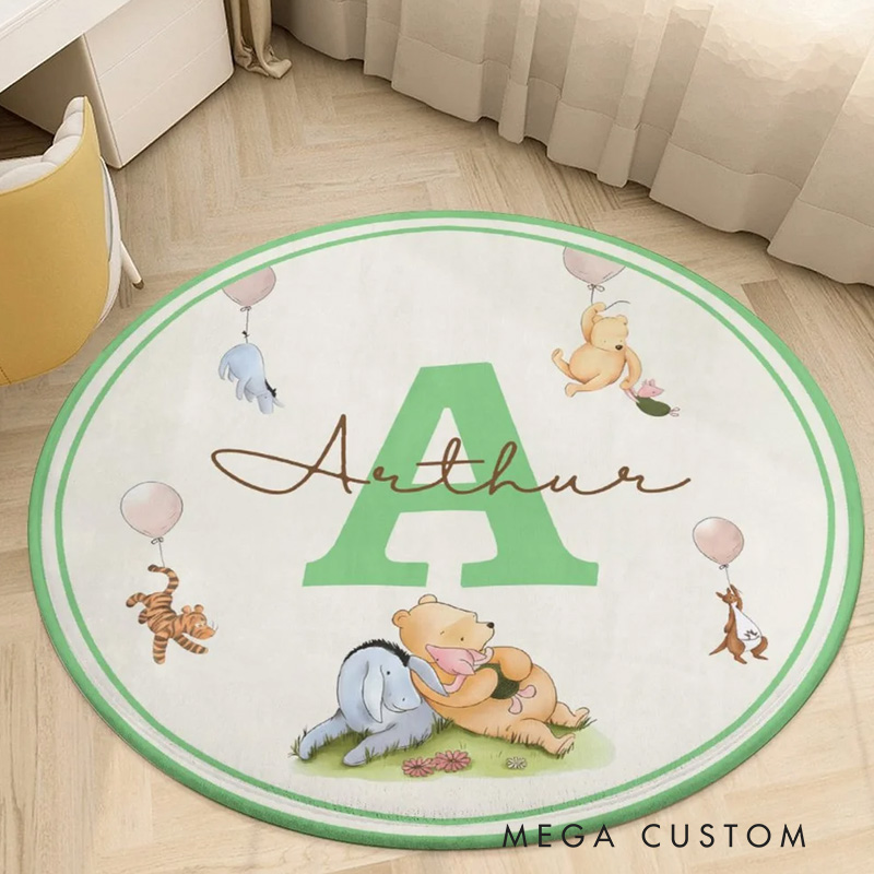 Personalized Classic Winnie the Pooh Initial Round Anti-Slip Coral Fleece Doormat Rug with Name Nursery Decor Baby Shower Birthday Gift for Kids