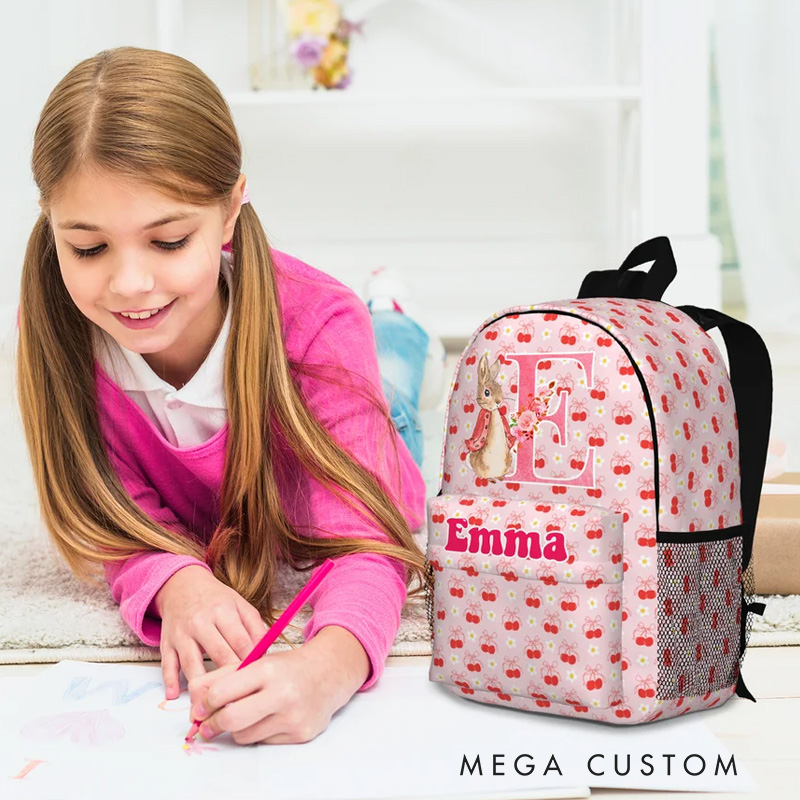 Personalized Peter Rabbit Coquette Bow Flower Initial Large Capacity School Backpack with Name Daily Travel Back to School Birthday Gift for Kids