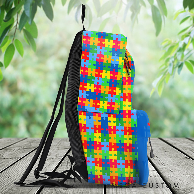 Personalized Colorful Autism Awareness Theme Custom Name Puzzle Heart Pattern Kids Backpack