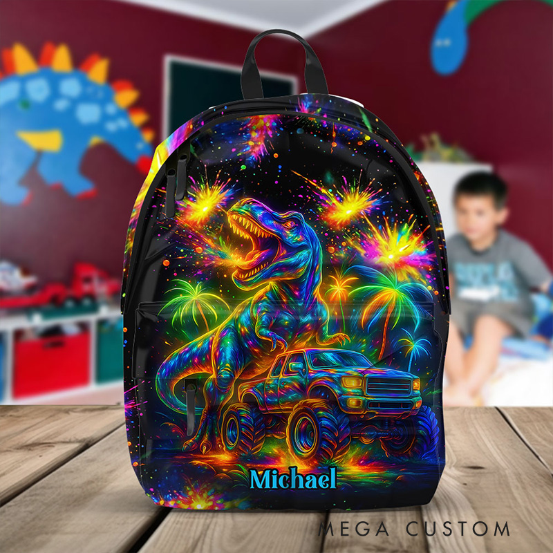 Personalized Unique T Rex Theme Custom Name Colorful Galaxy Adventure Kids School Backpack
