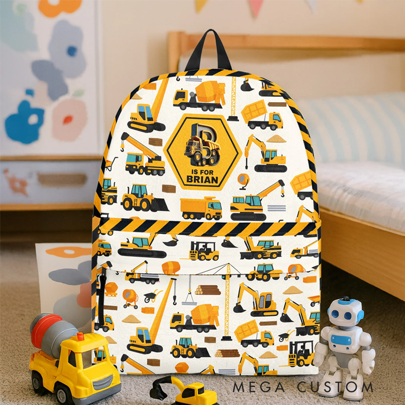 Personalized Construction Vehicles Truck Letter Kid Backpack Birthday Gift for Kids