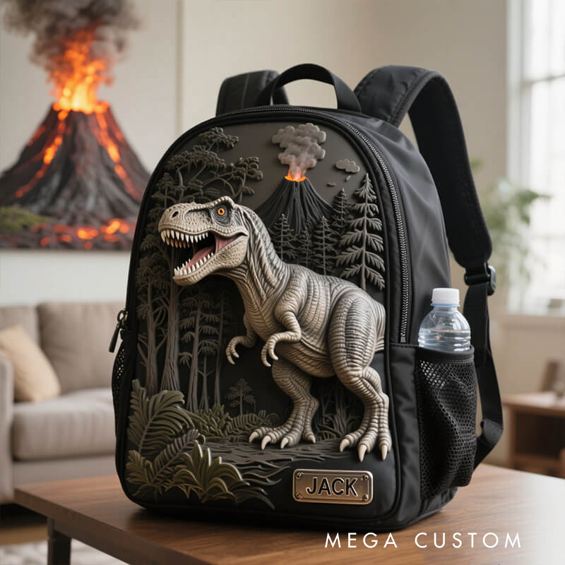 Personalized Cool Dinosaur Theme Custom Name Realistic T Rex Jungle Adventure Kids Backpack