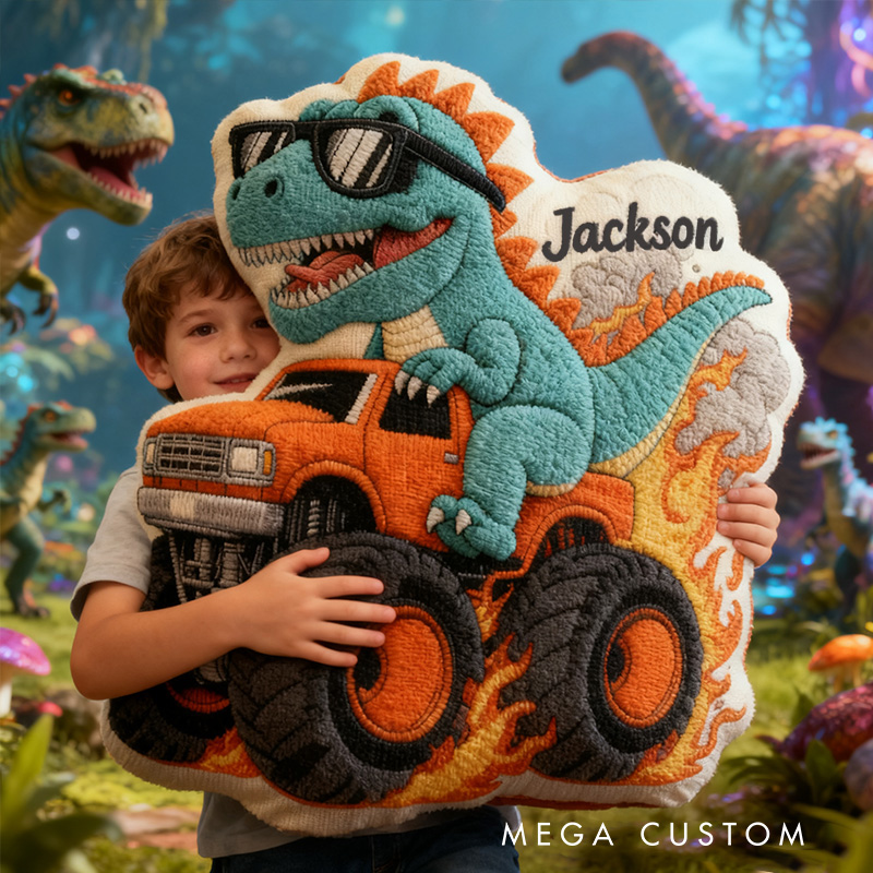 Personalized Cool Dinosaur Driving Monster Truck Custom Name Fun Boys Room Decoration Unique Adventure Style Plush  Graphic 3D Print Pillow