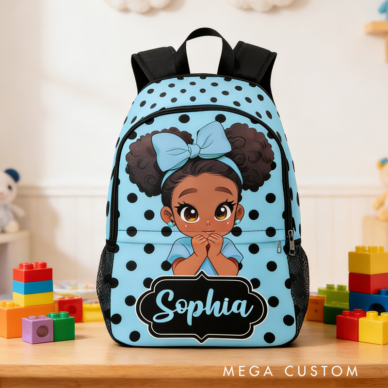 Personalized Adorable Cartoon Girl Theme Custom Name Black Bow Blue Background Kids Backpack