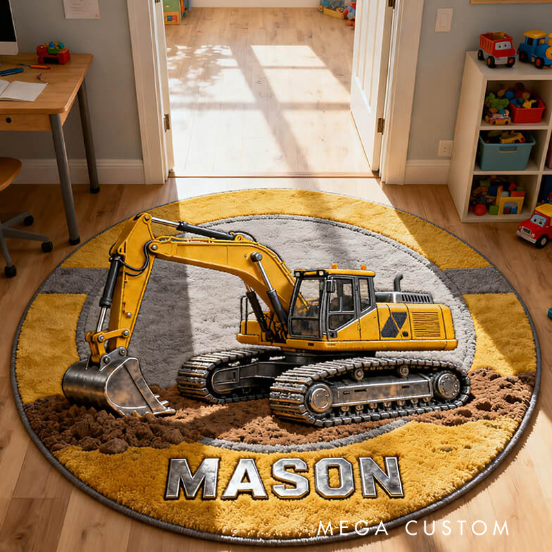 Personalized Unique Builder Theme Custom Name Heavy Equipment Machine Design Carpet Rug for Kids
