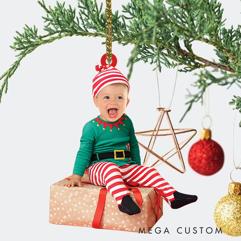 Personalized Adorable Baby Photo in Green and Red Outfit Perfect for Christmas Celebration Christmas Ornaments