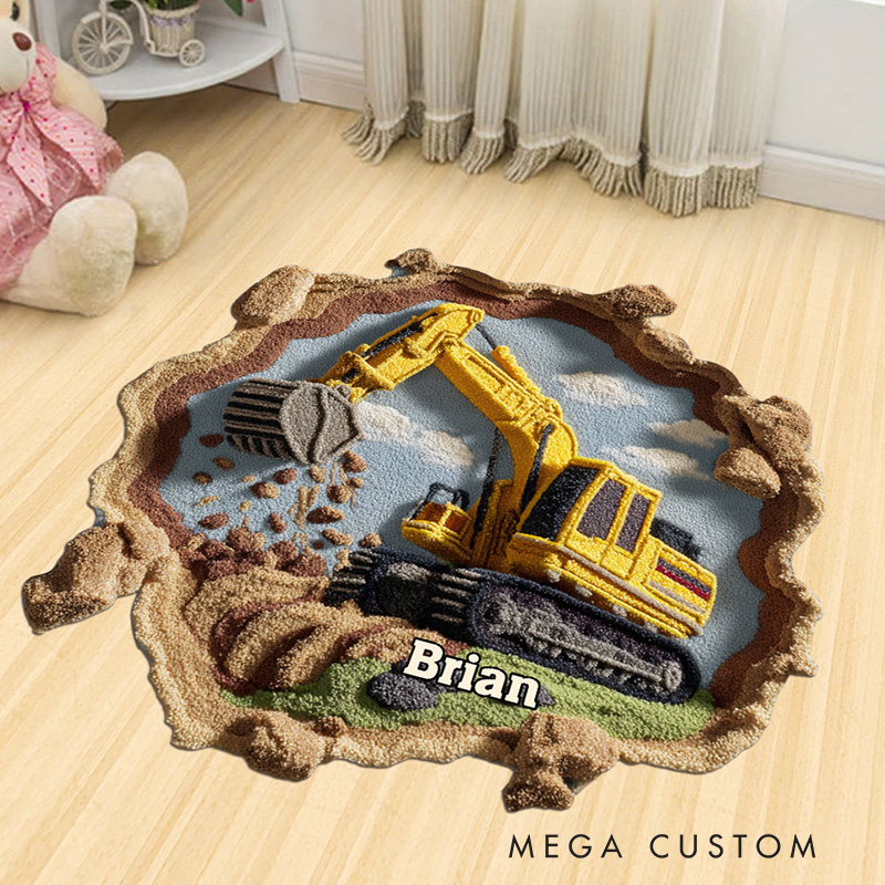 Personalized Awesome Construction Vehicle Theme Custom Name Realistic Worksite Design Carpet Rug for Kids