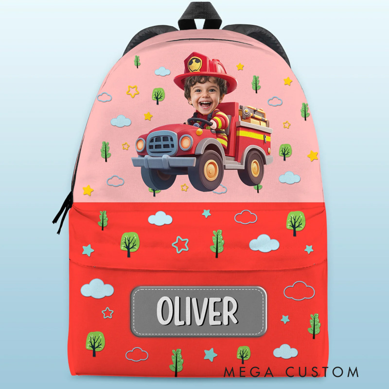 Personalized Cute Construction Theme Custom Name Photo Face Yellow Dump Truck Pattern Kids Backpack