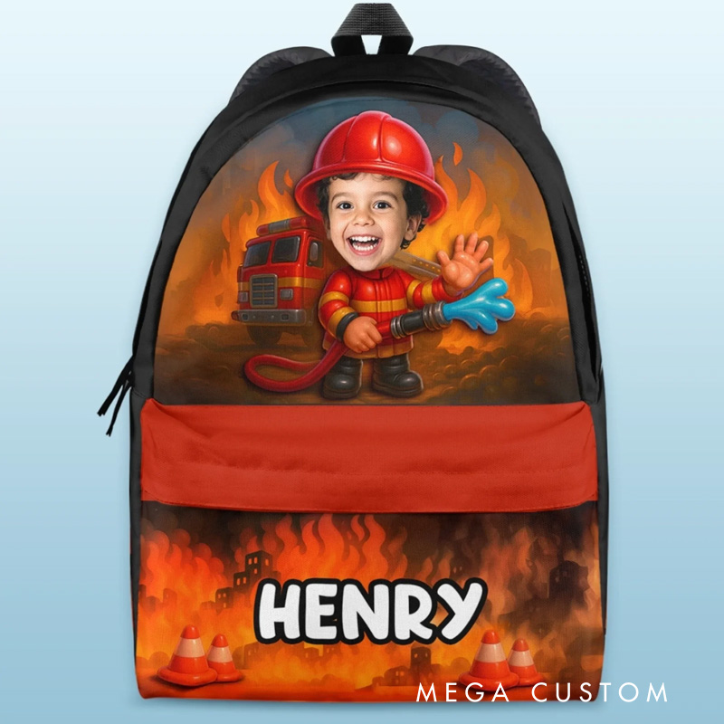 Personalized Unique Kid Fireman Theme Custom Name Red Flame Background Rescue Truck Design Backpack