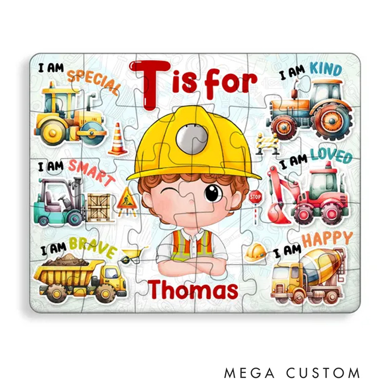 Personalized Fun Construction Theme Custom Name Photo Face Alphabet Learning Truck Pattern Puzzle