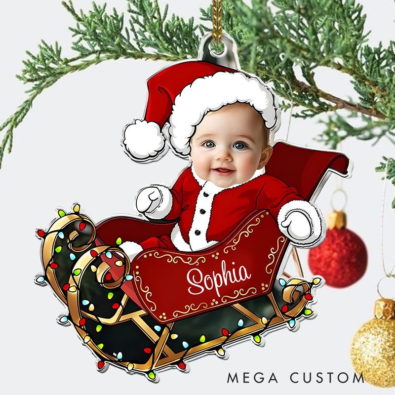 Personalized Adorable Baby Photo Santa in Sleigh with Lights for Christmas Memories Christmas Ornaments