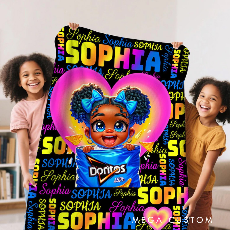 Personalized Cute Girl Theme Custom Name Pink Heart Background Afro Hair Bow Art Design Blanket
