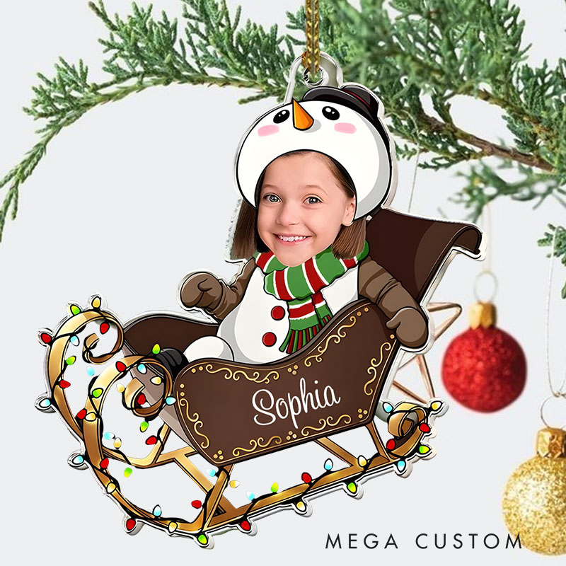 Personalized Baby Photo in Snowman Outfit Riding a Festive Sleigh with Holiday Lights Christmas Ornaments