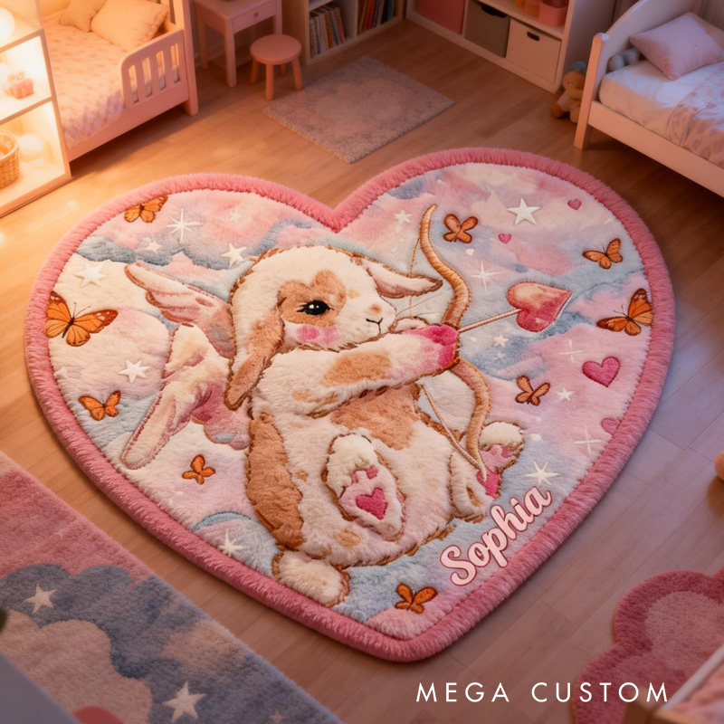 Personalized Bunny Angel Theme Custom Name Heart Shape Cute Pink Cloud Style Carpet Rug for Kids