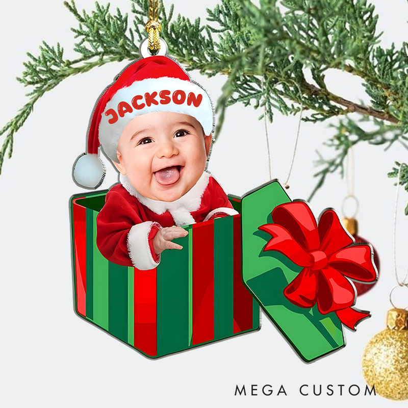 Personalized Baby Photo in Gift Box with Festive Hat Bringing Holiday Cheer Christmas Ornaments