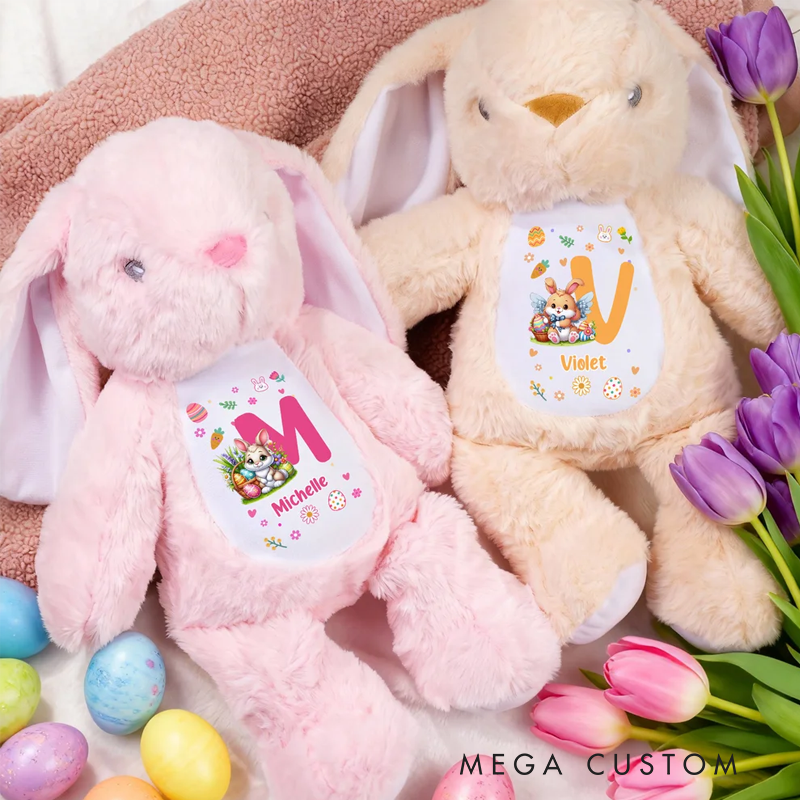Personalized Cute Peter Rabbit Plush Easter Bunny Stuffed Toy with Initial and Name Easter Birthday Gift for Kids