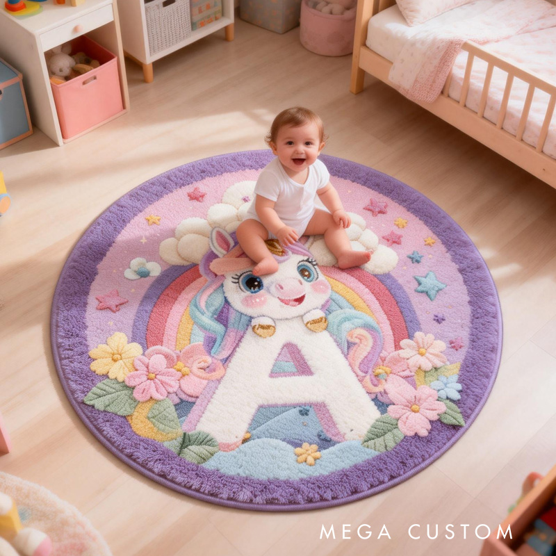 Personalized Dream Horse Theme Custom Name Rainbow Cloud Magical Letter A Round Carpet Rug for Kids