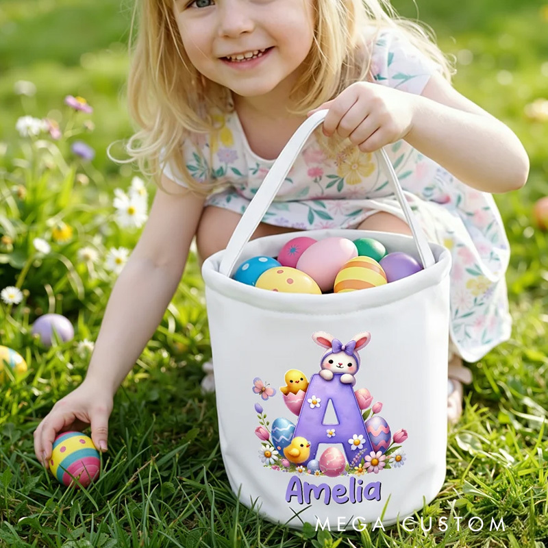 Personalized Cartoon Bunny Easter Eggs Large Capacity Canvas Easter Basket with Name and Initial Eggs Hunting Party Easter Gift for Kids