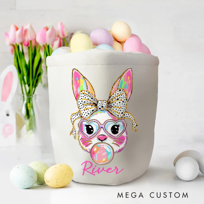 Personalized Cute Bow Bunny Canvas Easter Basket with Name Easter Eggs Hunting Party Favor Gift for Boys Girls