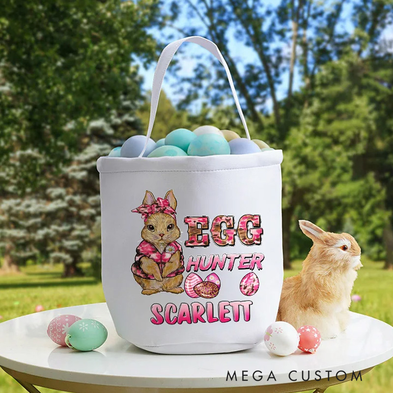 Personalized Cute Bunny Egg Hunter Camouflage Carrot Reusable Canvas Easter Basket with Name Birthday Easter Gift for Kids