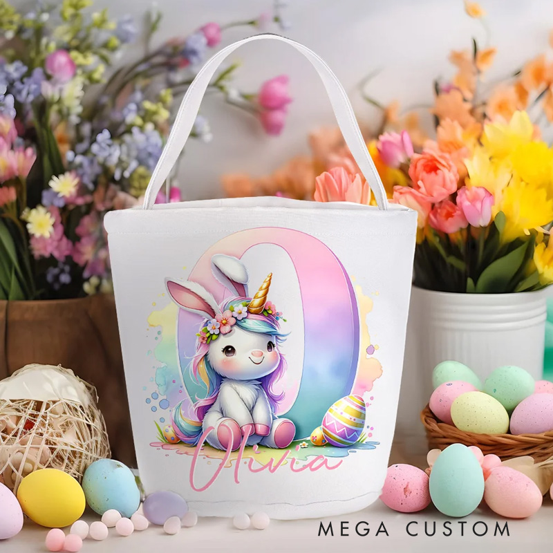 Personalized Cute Fantasy Rainbow Horse Dinosaur Canvas Easter Basket with Initial and Name Party Favor Eggs Hunting Easter Gift for Kids