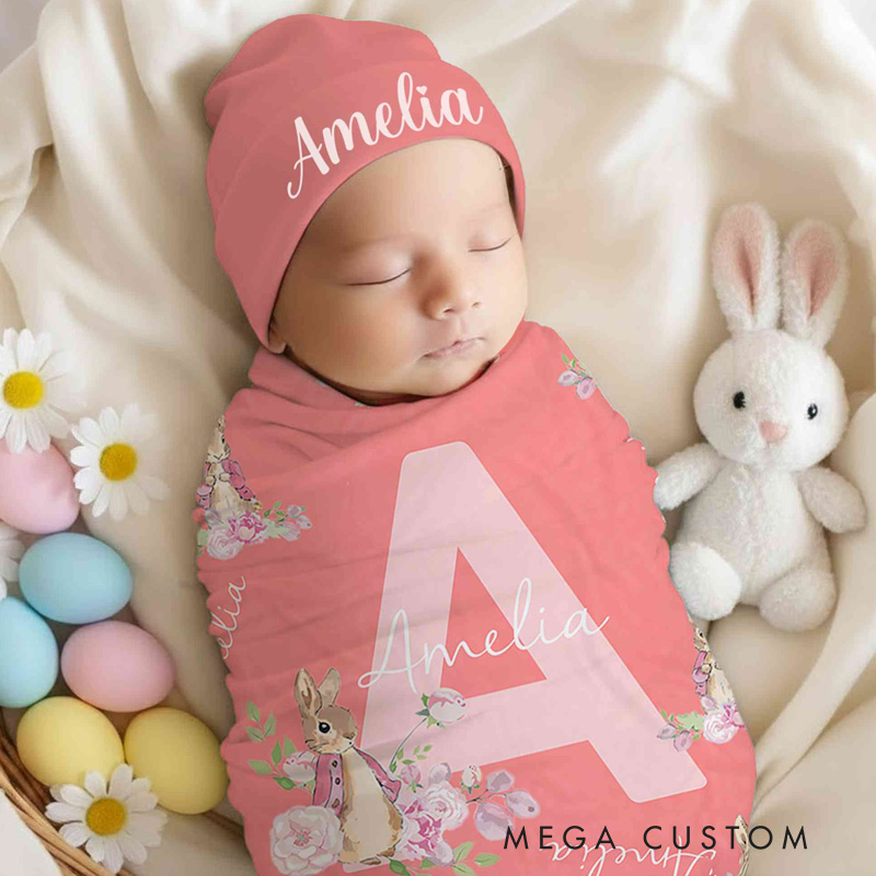 Personalized Name Peter Rabbit Bunny Alphabet Receiving Blanket with Hat Swaddle Hat Set for Baby Girl Boy Birthday Baby Shower Easter Gift for Newborns