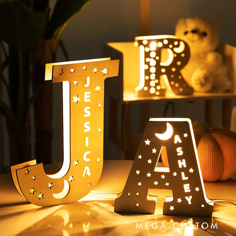 Personalized Letter Theme Custom Name Soft Yellow Glow Decorative Initial Shape Wooden Night Light