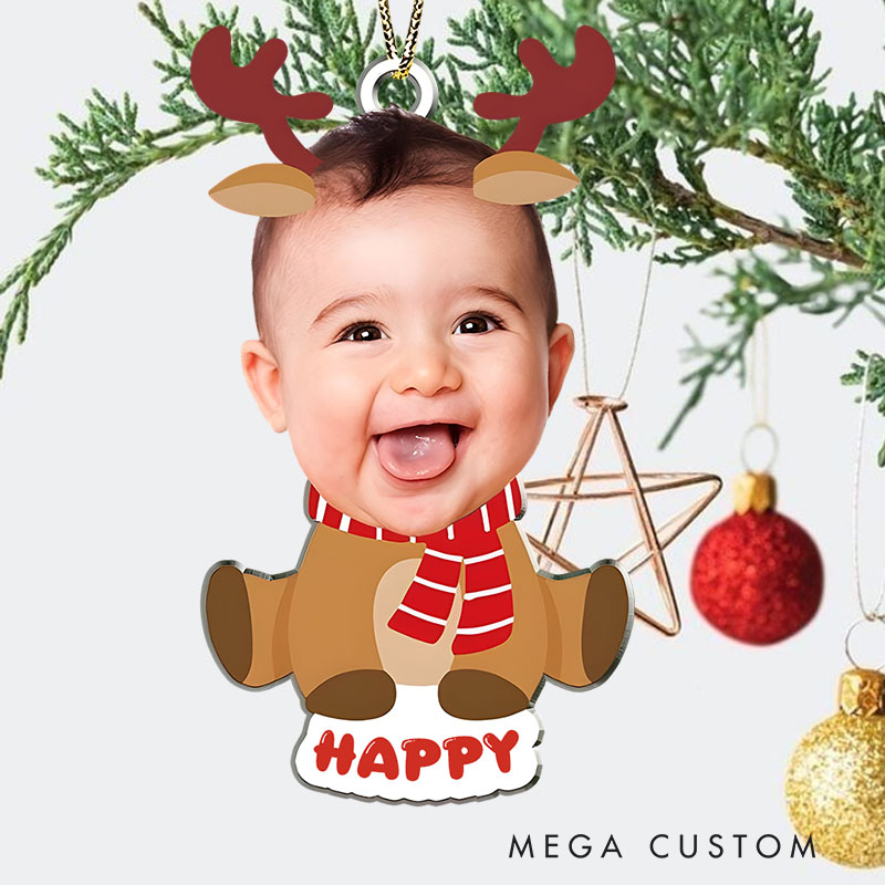Personalized Baby Photo Reindeer in Cozy Scarf for a Cute and Festive Christmas Look Christmas Ornaments