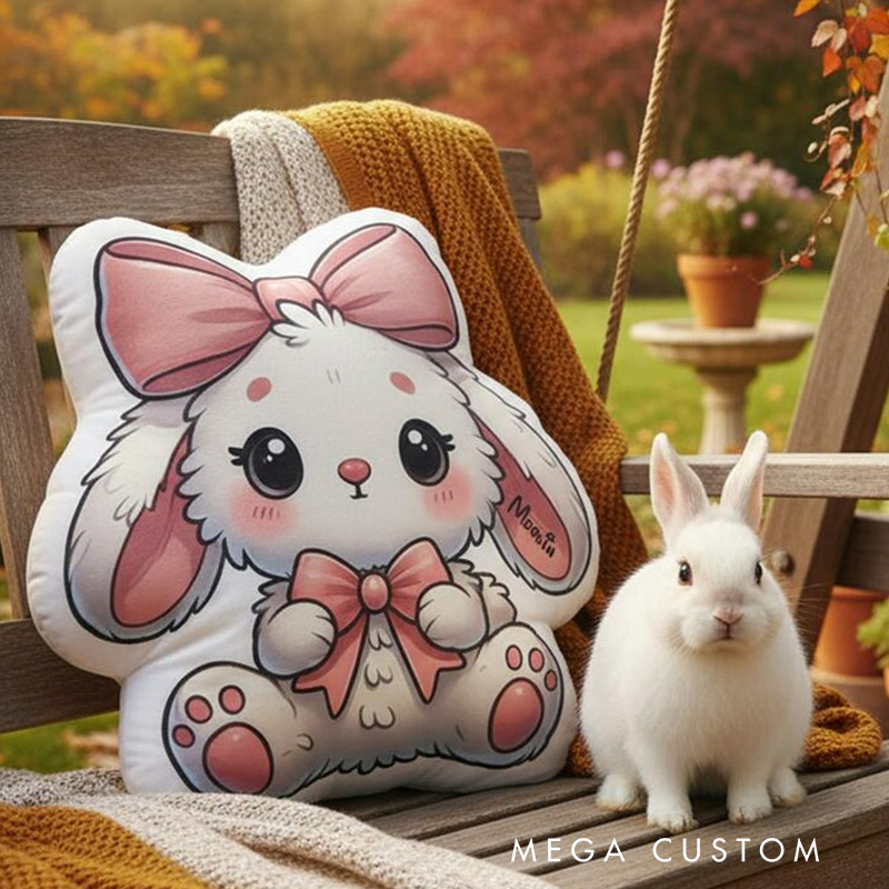 Personalized Bunny Theme Custom Name Cute Pink Bow Adorable Fluffy Rabbit Style 3D Print Pillow