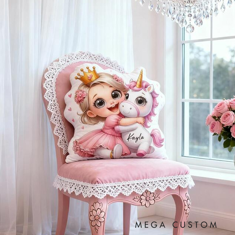 Personalized Princess Theme Custom Name Cute Girl Hugging Dream Horse Pink Crown Style 3D Print Pillow