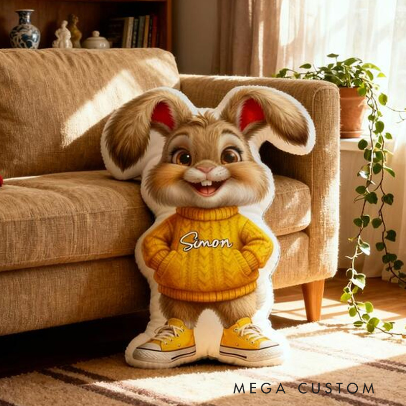 Personalized Bunny Theme Custom Name Cute Rabbit Wearing Yellow Sweater Style 3D Print Pillow