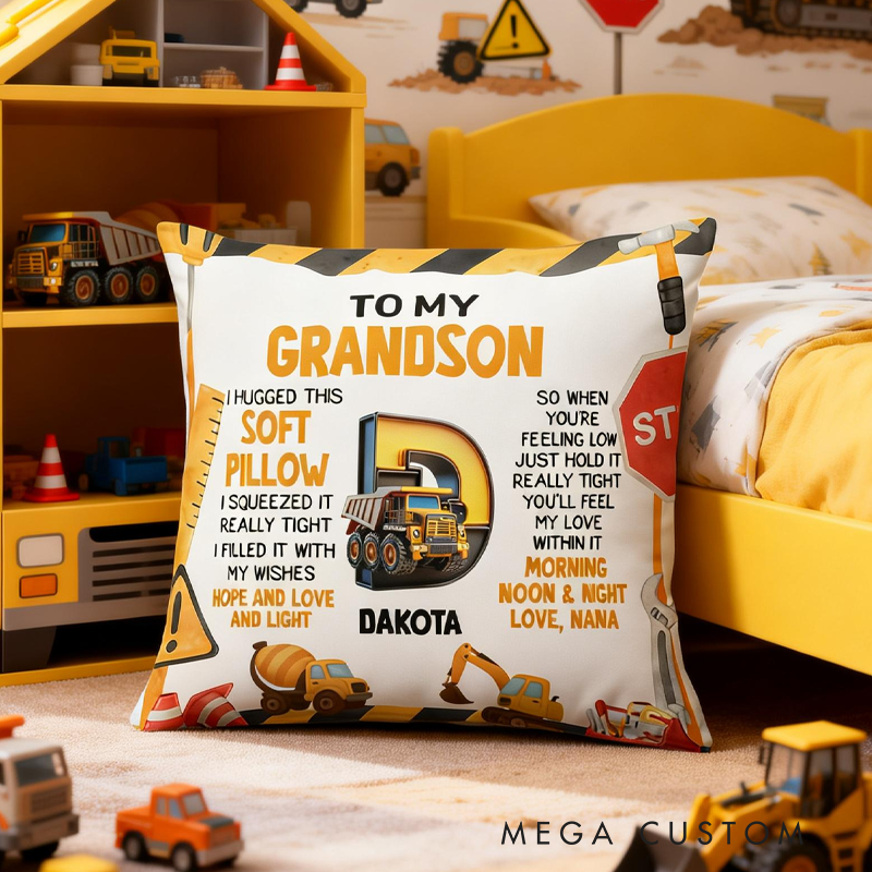 Personalized Cartoon Excavator Soft Throw Pillow Cover with Name and Initial Home Decor Birthday Children's Day Gift for Kids