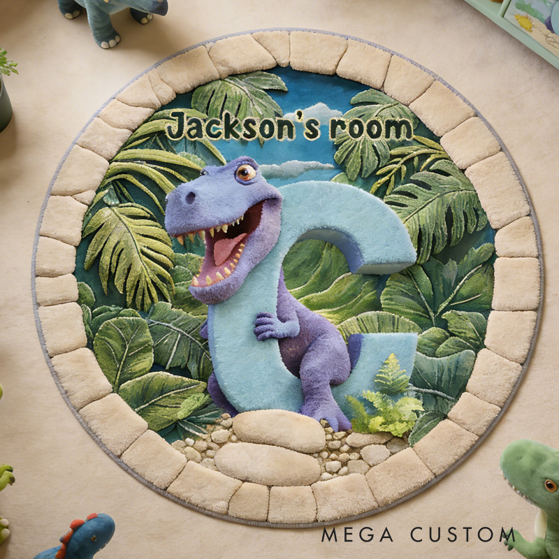 Personalized Dinosaur Theme Custom Name Jungle Adventure Green T Rex Playtime Carpet Rug for Kids