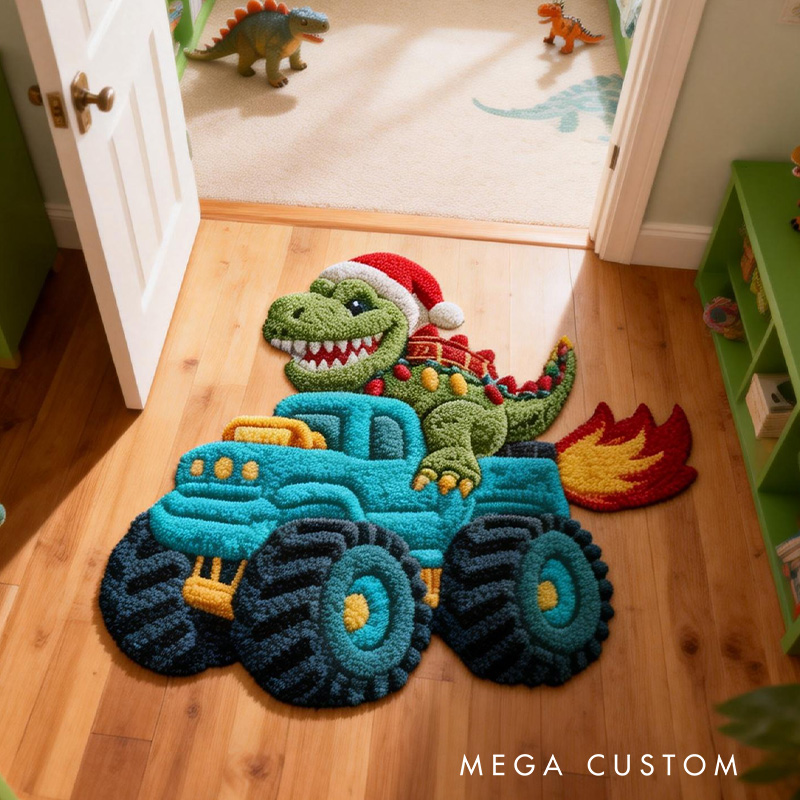 Personalized Monster Truck Theme Custom Name Cool Dinosaur Driver Fire Wheel Carpet Rug for Kids