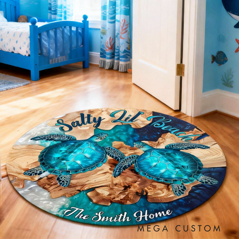 Personalized Beach Turtle Round Rug Birthday Gifts for Kids Perfect Gift